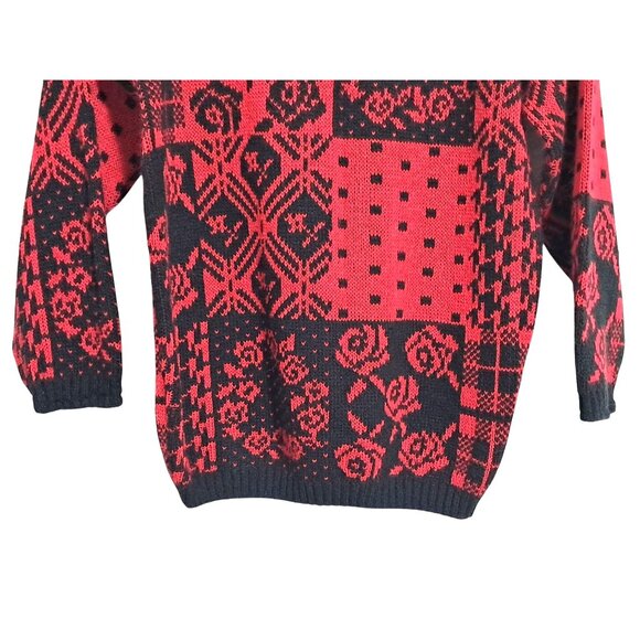 Vintage 80s Floral Sweater Womens S Red & Black Patchwork by Separate Issue - Picture 8 of 9